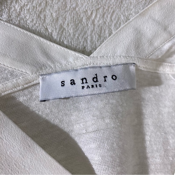 SANDRO White Linen Silk V-neck Long Sleeve Top - Picture 3 of 4